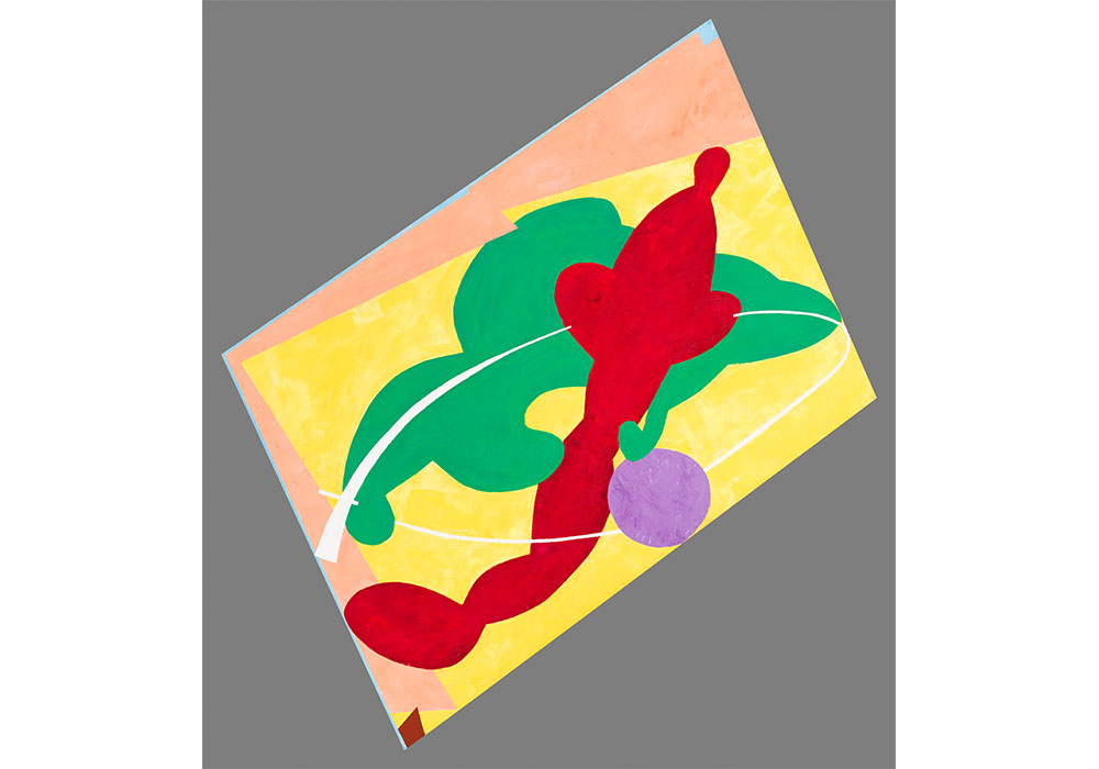 Elizabeth Murray's Flesh, Earth and Sky, a rectangular painting hung at an angle, with a red and a green form intersecting one another on a jagged yellow rectangle