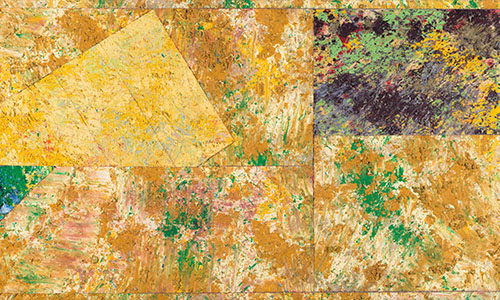 a horizontal painting in golden yellows, with smaller rectangular sections and a layer of coarse green strokes across the painting