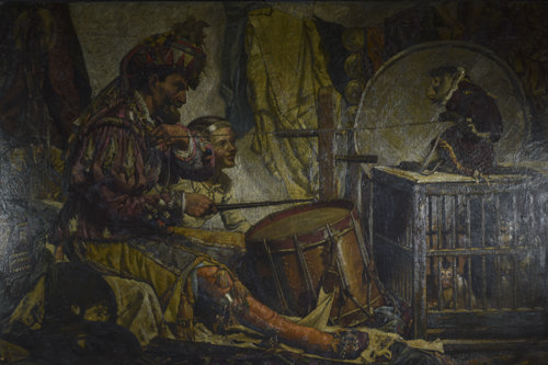 a painting of a circus drummer and monkey resing