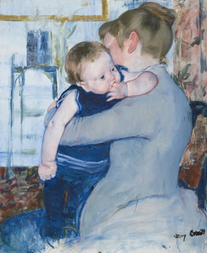 Baby in Dark Blue Suit, Looking Over His Mother’s Shoulder by Mary Cassatt (c. 1889)