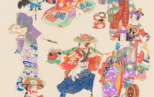 This painting depicts major Japanese spring festivals using colorful doll-like figures.