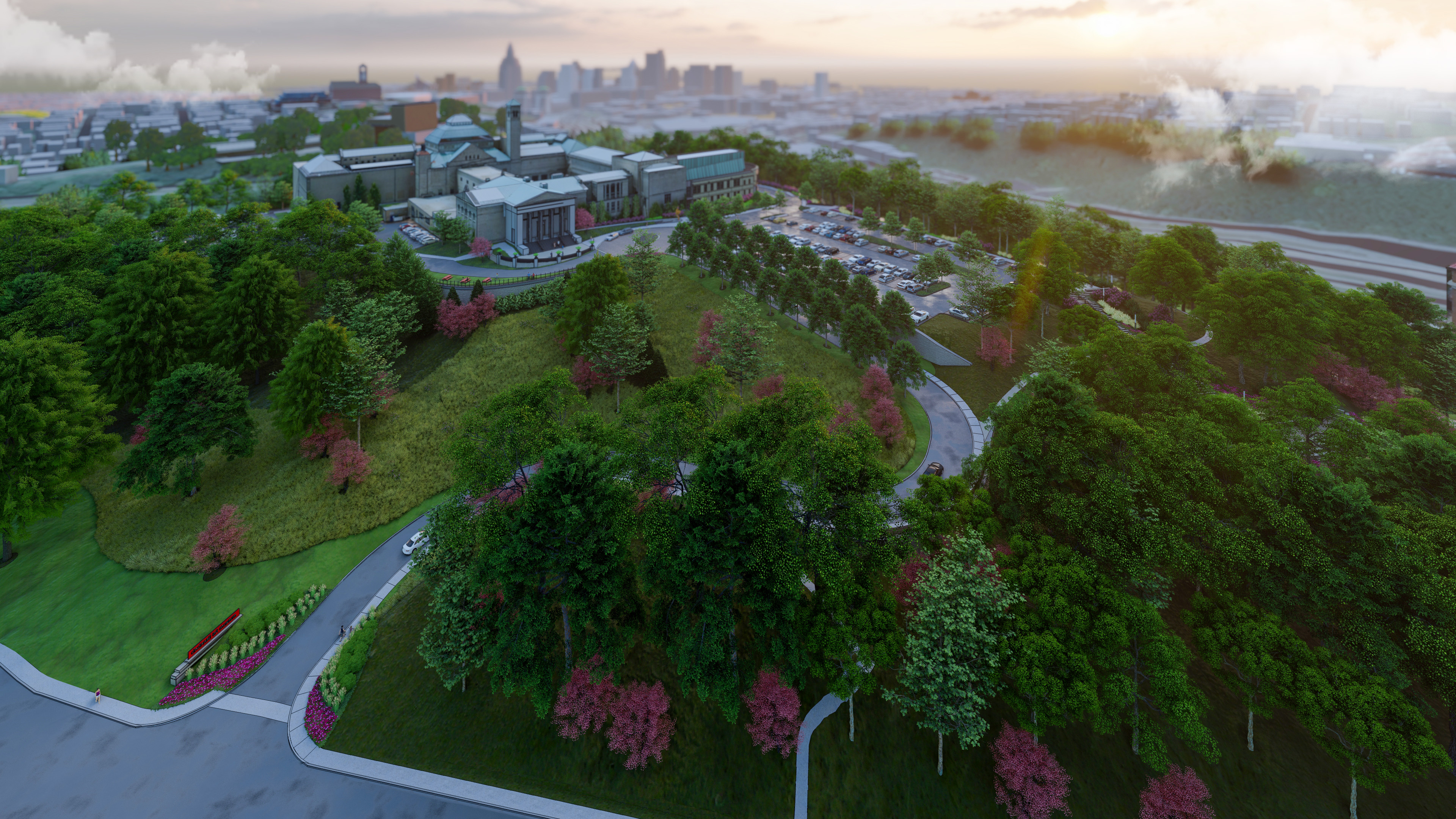 3D rendering of the Cincinnati Art Museum with the Cincinnati Skyline in the distance