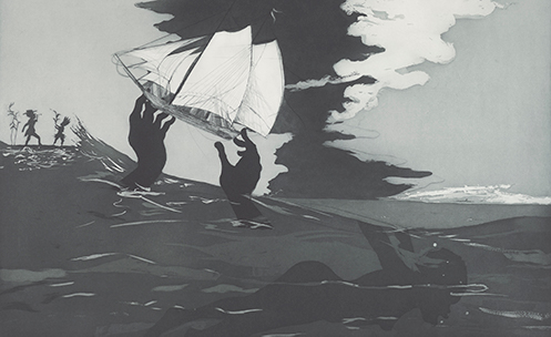 black hands lift a sailboat out of the dark waters where a female figure lies below the depths