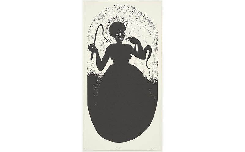 Kara Walker's Boo-hoo, depicting the silhouette of a grieving Black woman in a large dress holding a cane in one hand an a hissing snake in the other.