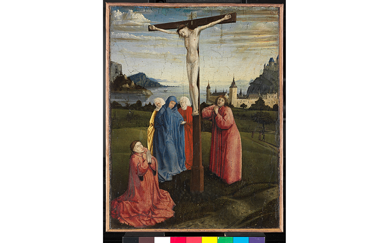 Attributed to Konrad Witz (German, 1400/10–1444/46), The Crucifixion, circa 1440–50, oil on panel transferred to canvas, Gemäldegalerie, Berlin, Kat. 1656.