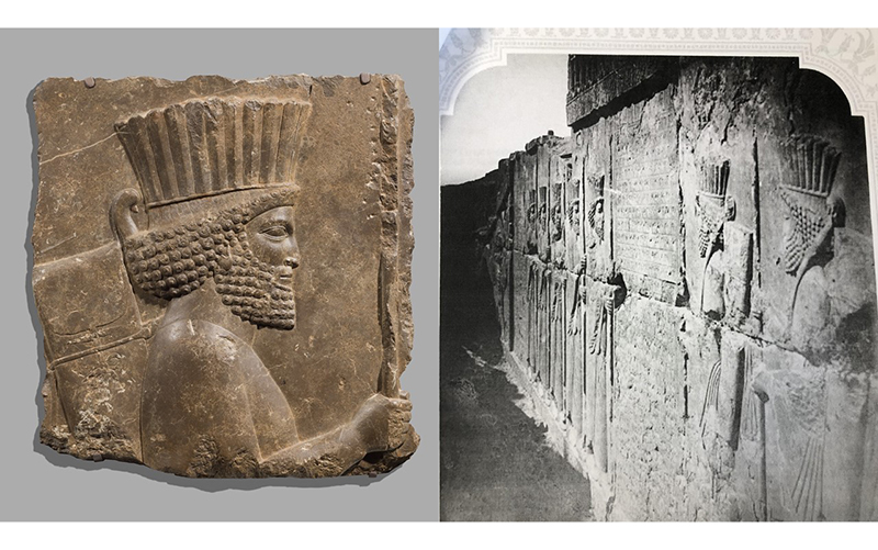 Figure 2: Fragment of a Stone Relief Depicting a Guard in Persepolitan Dress, 500–401 BCE, Persepolis, Iran, Achaemenid empire, limestone, Gift of Mr. and Mrs. John J. Emery, 961.288 and photograph of the relief in situ at the Palace of Xerxes in 1878, Stolze Andreas vol I 1882 (published in Berlin).