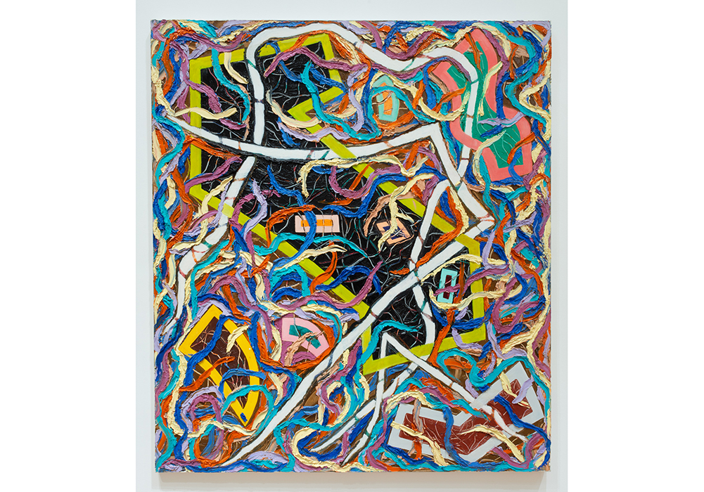 Joan Thorne's Ega, a square painting with layered, colorful lines. a large, dark form is outlined in yellow, and is crossed by an overlapping thin, white line