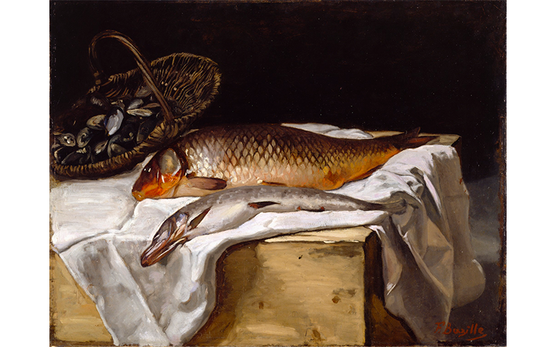 Jean-Frederic Bazille's Still Life with Fish, painting of two fish laying on a cloth covered box in front of a basket of clams