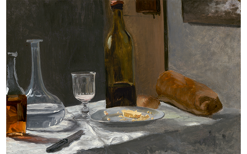 Claude Monet's Still Life with Bottle, Carafe, Break, and Wine, painting of the various objects laid out on a table