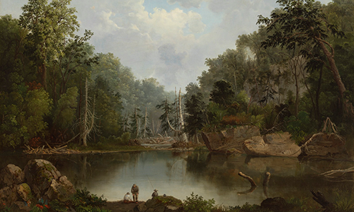 Robert S. Duncanson's Blue Hole, Flood Waters, Little Miami River, featuring several small figures on the shore of a large lake, deep in the forest.