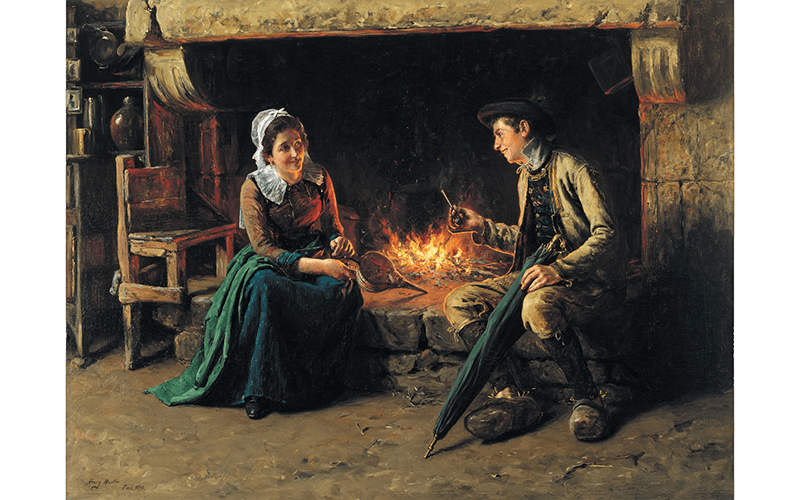 Henry Mosler's The Chimney Corner, a painting of a young man and woman sitting in front of a fireplace
