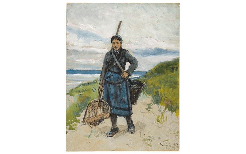 Painting of a woman walking along a beach carrying a basket and fishing net