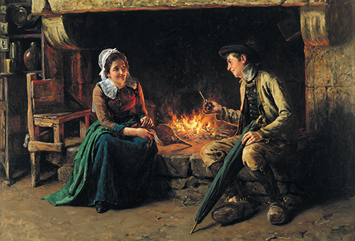 a girl and a boy sitting next to a fireplace