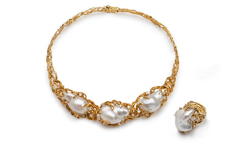 Arthur King (American, 1921–1991), Necklace and Ring, early 1970s, gold, pearls, diamonds