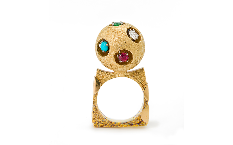 Roger Lucas (Canadian, b. 1936), designer, Cartier (French, est. 1847), manufacturer, Ring, circa 1969, gold, diamonds, emerald, ruby, sapphire, turquoise