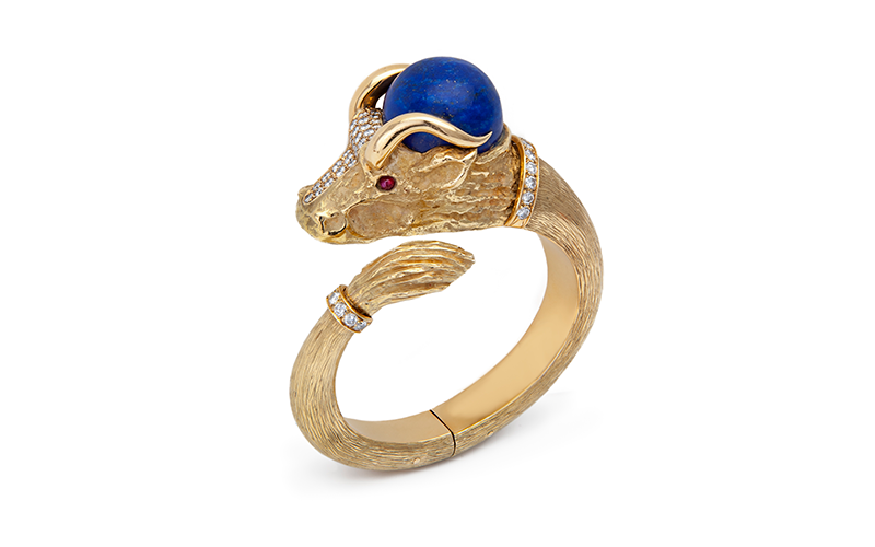 René Morin (b. 1932), designer, Chaumet (French, est. 1780), manufacturer, Bull Bracelet, 1970s, gold, lapis lazuli, rubies, diamonds