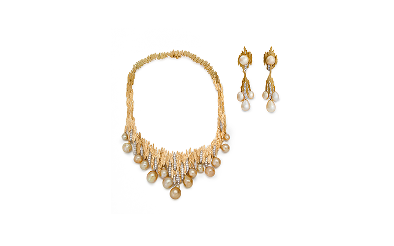 Andrew Grima (British, b. Italy, 1921–2007), Necklace and Earrings, 1975, gold, pearls, diamonds