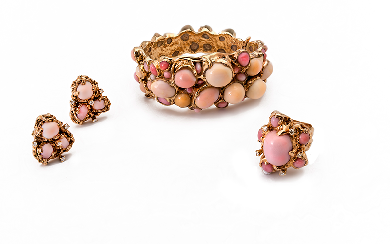 Arthur King (American, 1921–1991), Bracelet, Ring, and Earrings, 1955–1970, gold, conch pearls, diamonds