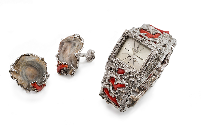 Arthur King (American, 1921–1991), Watch and Cuff Links, late 1960s, palladium, coral, agate geode