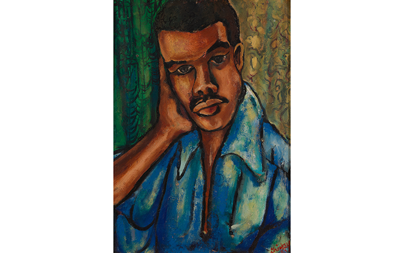 David C. Driskell's Self-Portrait, a painting of Driskell looking straight forward, wearing a blue, collared button up shirt showing a small sliver of his chest. Driskell leans his head against his right palm. Behind him is a green and yellow backdrop with floral swirls.