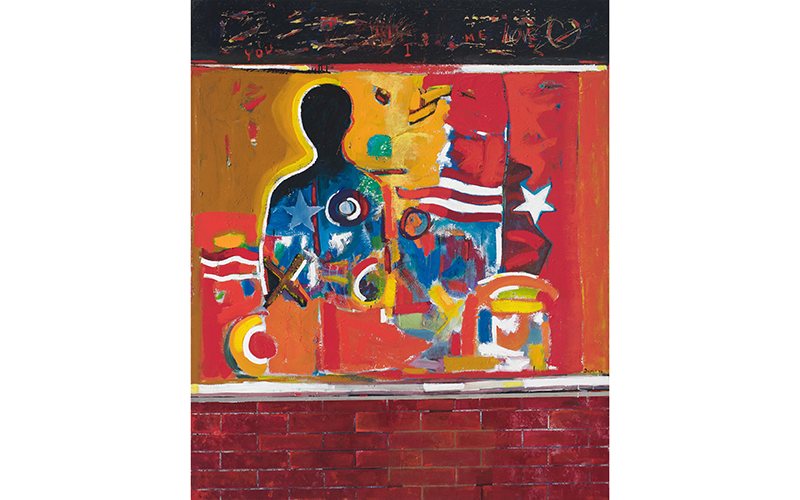 David C. Driskell's Ghetto Wall #2, an abstract painting of a faceless, black, human figure, outlined in yellow hues emerges from various colored stars, circles and crossing lines above a brick wall