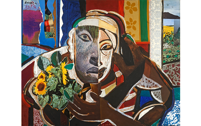 David C. Driskell's Homage to Romare, an abstract painting of an African American figure holding sunflowers in their right arm which curls upward towards the left side of their face. Their face is divided in half by two distinct styles. Behind them is a wall of thick rectangles each a different color and medium
