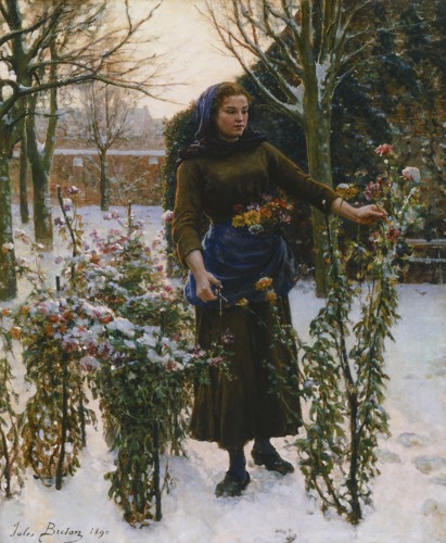 Jules Breton’s Last Flowers, painting of a woman collecting flowers in a snow covered garden