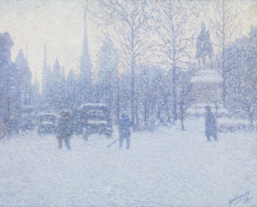 Edward Timothy Hurley’s Garfield Park, painting of a city scene in the midst of a hazy blizzard