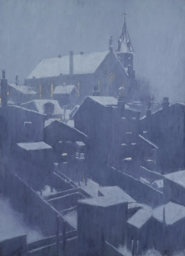 E.T. Hurley’s Midnight Mass, a painting of a church on a city hilltop, covered in snow at night