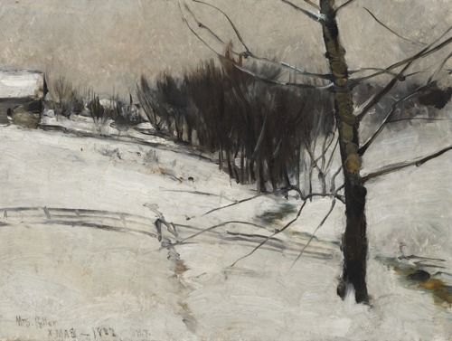 John Henry Twachtman’s Snow Scene, painting of a snow covered country side with  small creek and wooden fence