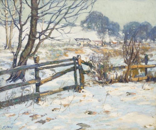 John Ellsworth Weis’ Winter in Cincinnati, a painting of a dilapidted wooden fence in a snow covered field with some buildings and trees in the distance
