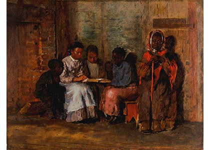 Winslow Homer's Sunday Morning in Virginia, a painting of a group of African American children huddled together in a corner reading a book