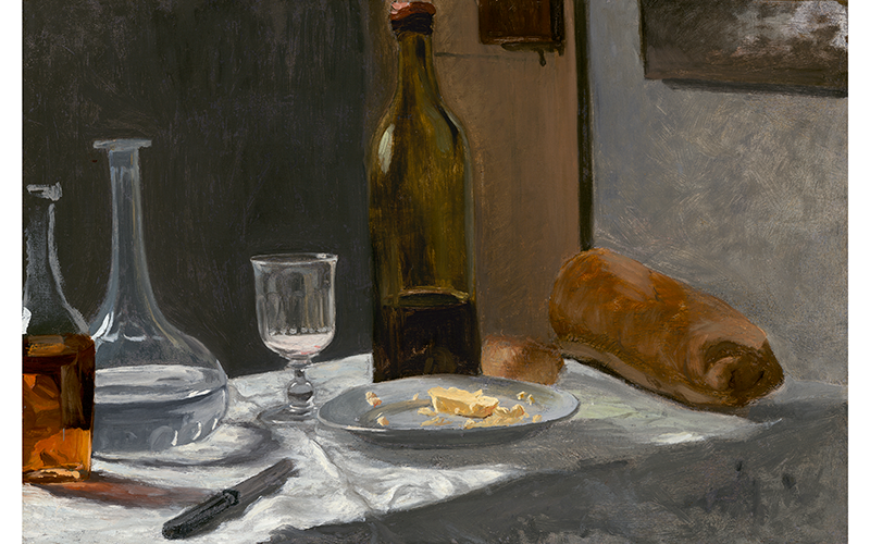 Claude Monet (1840–1926), France, Still Life with Bottle, Carafe, Bread, and Wine, circa 1863–63, oil on canvas, 15 5/8 x 23 9/16 in. (36.7 x 59.9 cm), National Gallery of Art, Washington, DC; Collection of Mr. and Mrs. Paul Mellon, 2014.18.32