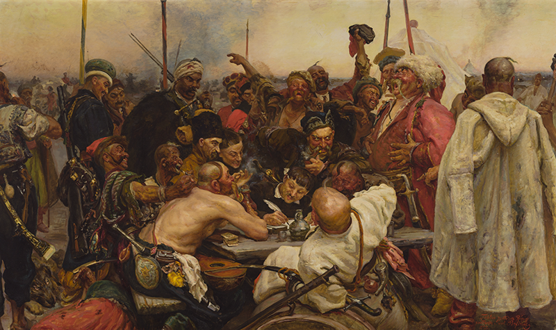 Paul Porfiroff [Pavel Fedorovich Porfirov] (Russian, 1873–1958), The Zaporozhian Cossacks Writing a Reply to the Turkish Sultan, 1928, oil on canvas, 50 x 84 1/2 in. (127 x 214.6 cm), Cincinnati Art Museum: Gift of Mr. and Mrs. Bayard L. Kilgour, Jr., 1970.104