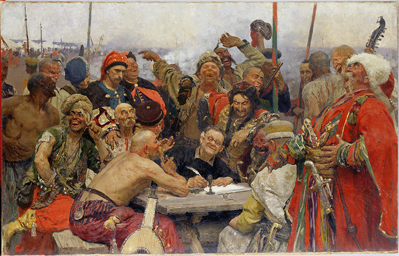 Ilya Repin (1844–1930), The Zaporozhye Cossacks Replying to the Sultan, 1889-96, oil on canvas, 174 x 265 cm, Kharkiv Art Museum