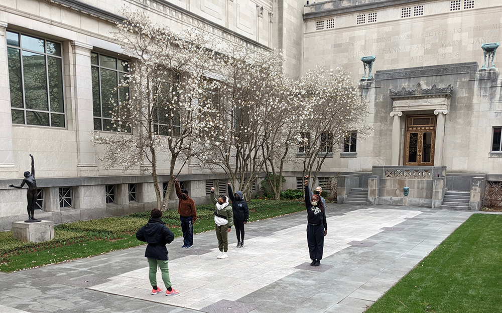 Countess V. Winfrey in rehearsal with Aaron Frisby, Nicolay Dorsett, Courtney Draper, Alexis Diggs, and Niarra Gooden-Clarke in the Alice Bimel Courtyard, Cincinnati Art Museum