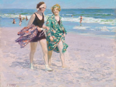 Henry Potthast's Blonde and Brunette, a painting of two women walking along a beach in swimwear and floral robes