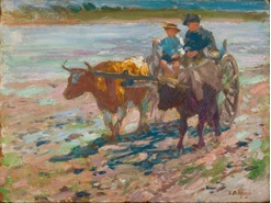 impressionist painting of a man and child riding a cart pulled by two oxen
