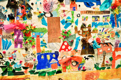 collage of paintings done by children