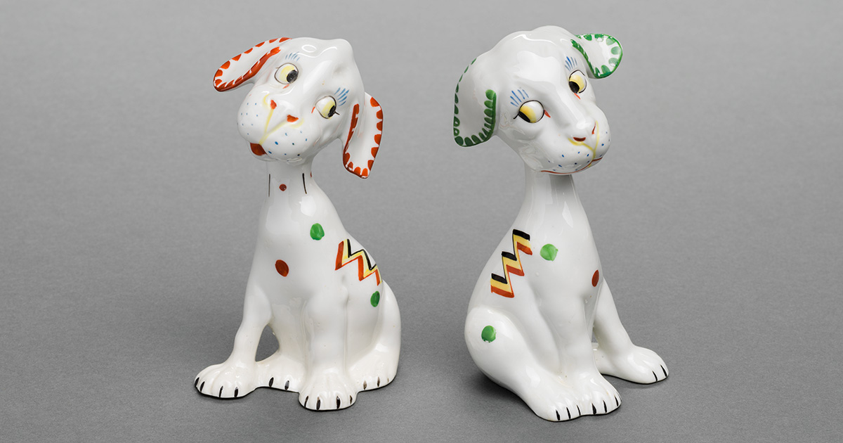 Pair of Dogs, circa 1925, Germany, porcelain, retailed by Lavin & Lauer Co. (American, active 1920s), Anonymous gift in honor of Audrey and Caitlyn Dehan, 2019.272a-b