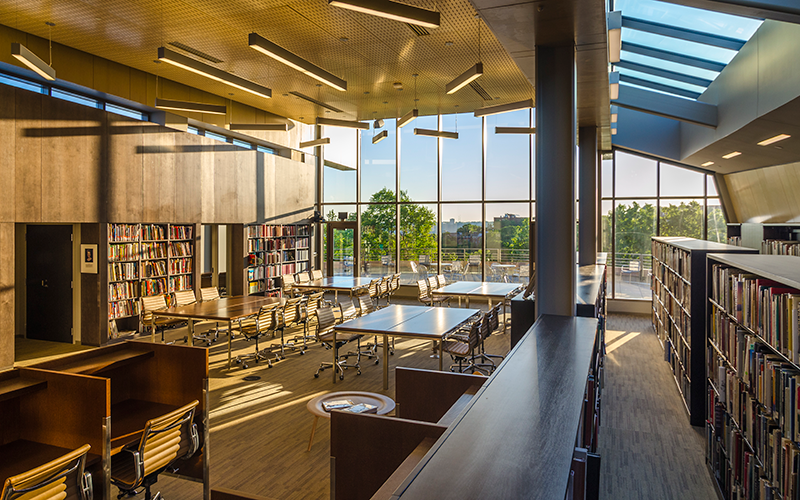 A modern image of the library at sunset