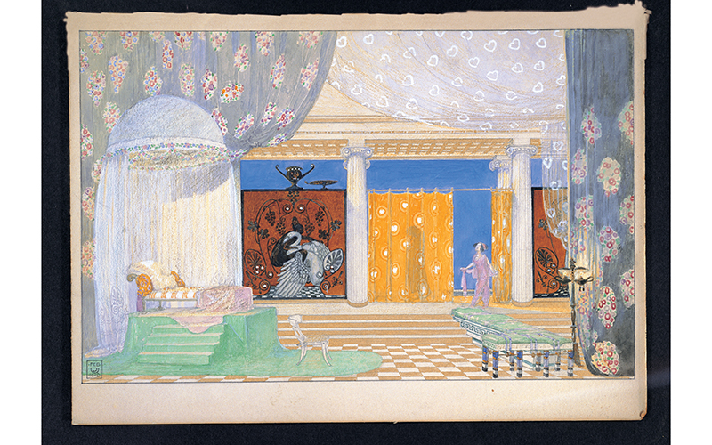 Color drawing of a bedroom for a stage production, featuring colorful, transparent drapery with floral patterning.