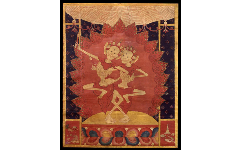 The Lords of the Cremation Ground Dancing, circa 1400–1500, Tibet, pigments and gold on cotton, H. 45.1 cm × W. 36.2 cm, Rubin Museum of Art, F1996.16.5