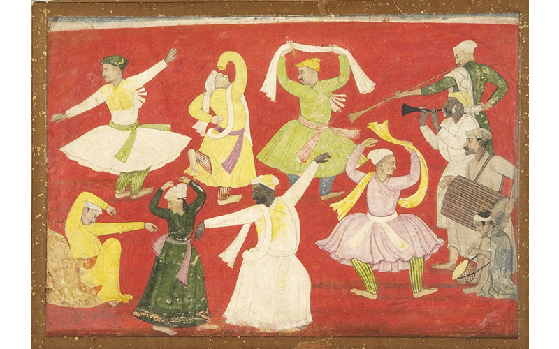 Attributed to Pandit Seu (Indian, 1680–1740), Dancing Villagers, circa 1730, opaque watercolors on paper, H. 24.8 cm × W. 36.2 cm (image); H. 27.3 cm × W. 38.7 cm (sheet), Los Angeles County Museum of Art, from the Nasli and Alice Heeramaneck Collection, Museum Associates Purchase, M.77.19.24