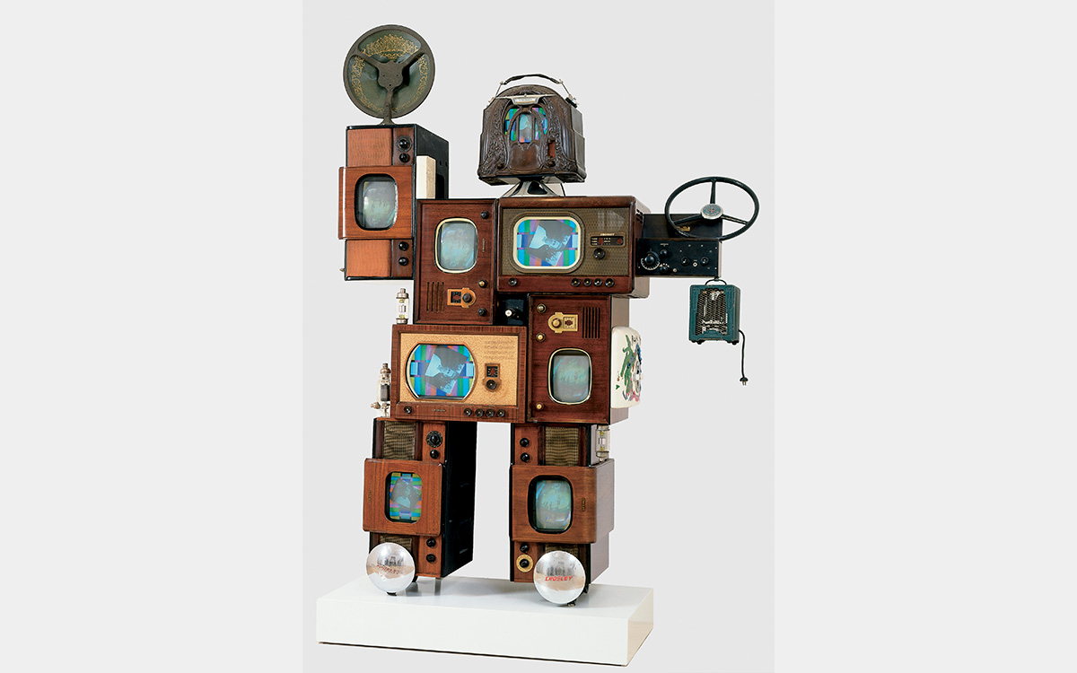 Robot-like figure composed of vintage television and radio sets and equipment