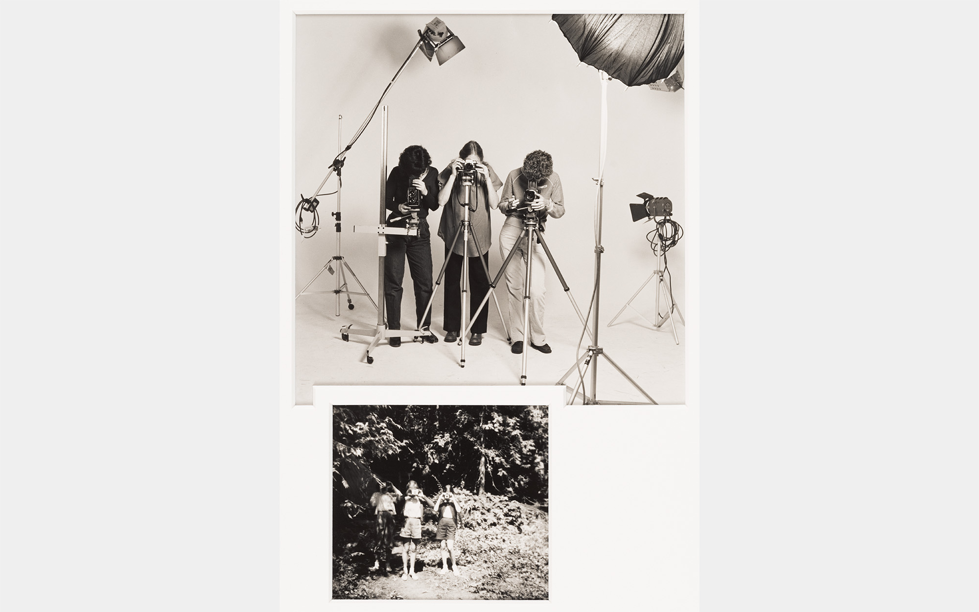 Two black and white photos of three women taking pictures, one as children and the other as adults