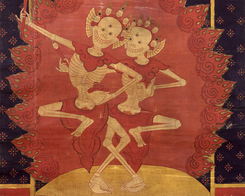 The Lords of the Cremation Ground Dancing, circa 1400–1500, Tibet, pigments and gold on cotton, Rubin Museum of Art, F1996.16.5