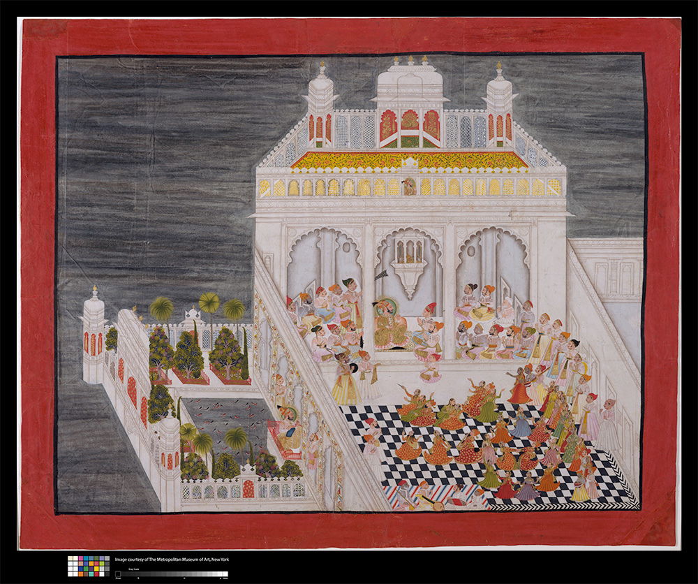 Attributed to Bhima, Kesu Ram, Bhopa, and Nathu (Indian)
Maharana Ari Singh with his Courtiers Being Entertained at the Jagniwas Water Palace
1767
India; Rajasthan, Udaipur, former Kingdom of Mewar
ink, opaque watercolors, and gold on paper
Metropolitan Museum of Art, Purchase, Mr. and Mrs. Herbert Irving, Mr. and Mrs. Arthur Ochs Sulzberger, and Mr. and Mrs. Henry A. Grunwald, gifts in honor of Mr. and Mrs. Gustavo Cisneros, 1994.116
Page: 26 5/8 x 32 7/8 in. (67.6 x 83.5 cm) Image: 22 3/4 x 29 3/16 in. (57.8 x 74.1 cm)
