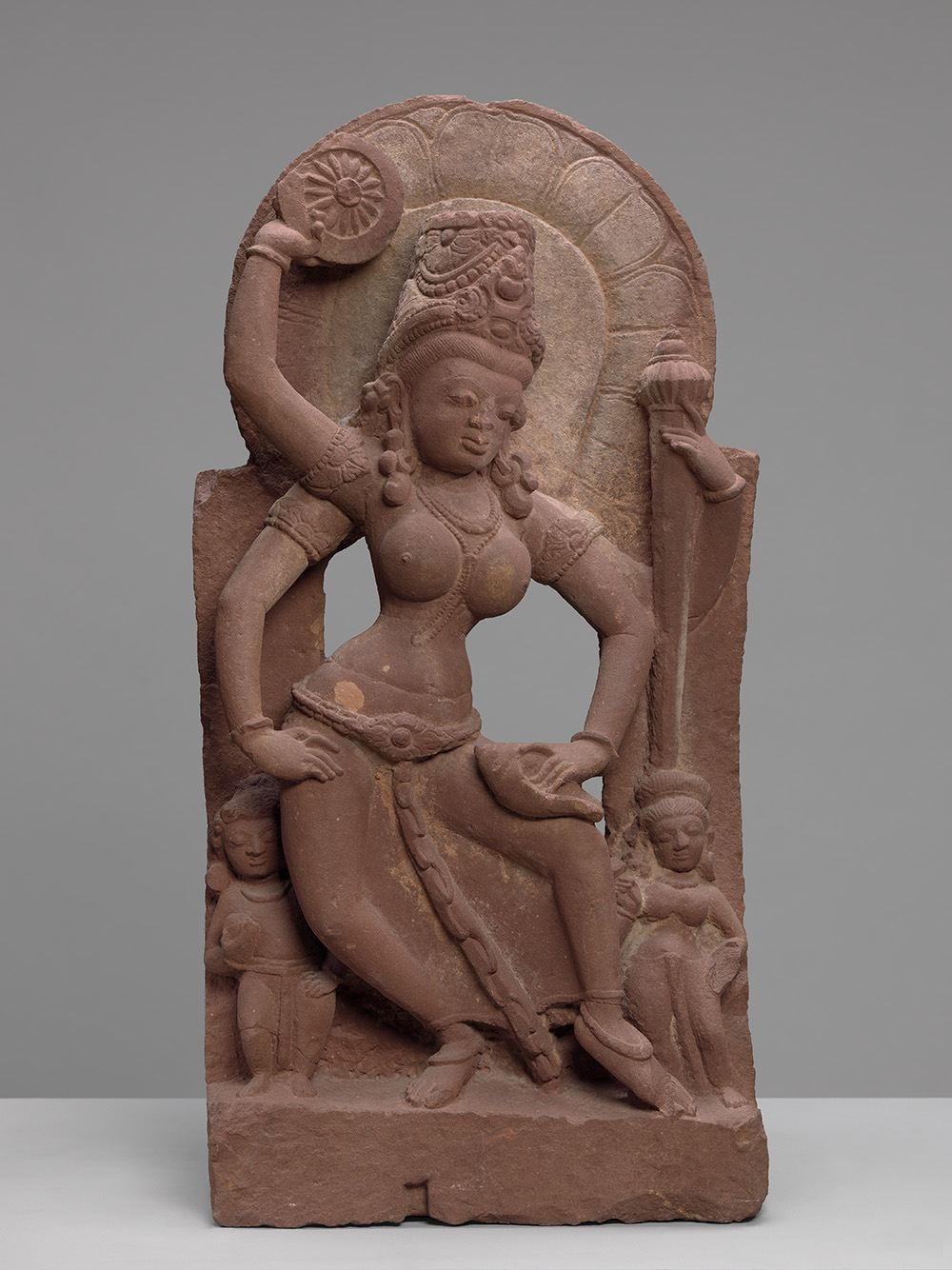 The Mother Goddess Vaishnavi Dancing
circa 800–900
India; Madhya Pradesh or Rajasthan
sandstone
Virginia Museum of Fine Arts, Richmond. Gift Nasli and Alice Heeramaneck Collection, gift of Paul Mellon, 68.8.12
29½ x 14¼ x 6 in (74.93 x 36.20 x 15.24 cm)