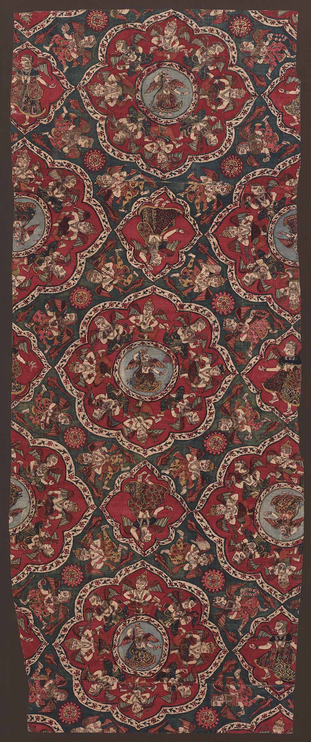Fragment of a Canopy with Celestial Dancers and Musicians, circa 1800-1830, India; Andhra Pradesh, cotton, mordant, and resist-dyed, with painting, Asian Art Museum of San Francisco, Museum Purchase with additional funds from Betty N. Alberts and Alexander Johnson, 2011.2